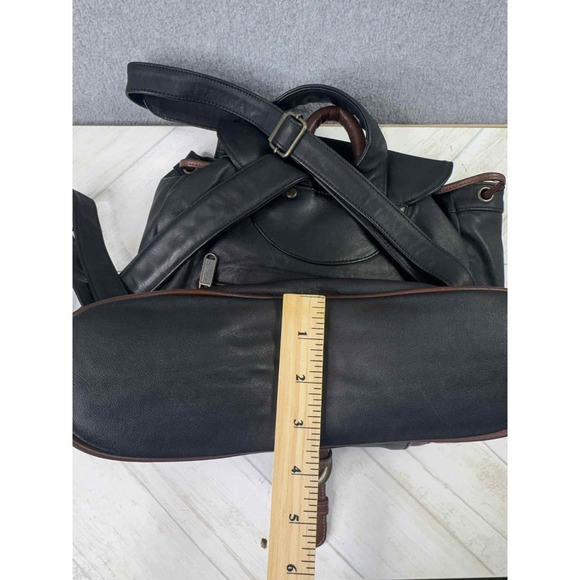 BREE Germany Leather Backpack Purse Black Brown Two Tone Drawstring Flap Bag VTG main image 6